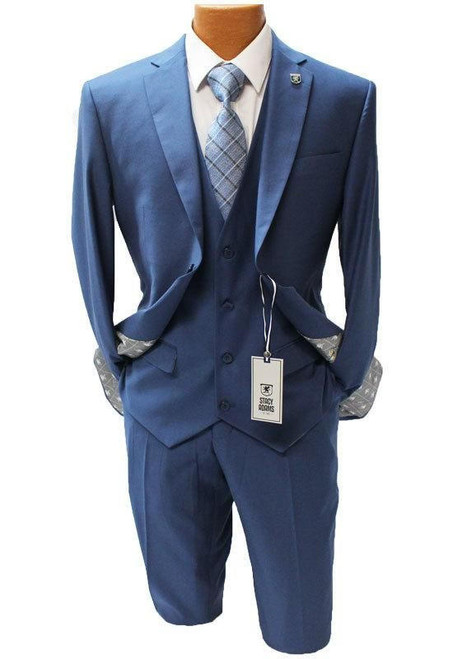  Stacy Adams 3 Piece Suit Mens Indigo Blue Vested Modern Fit SM282H-05 