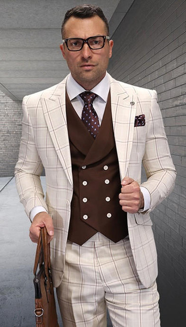  Statement Men's Plaid 3 Piece Tan DB Vest  Tailored Fit Suit Civita 