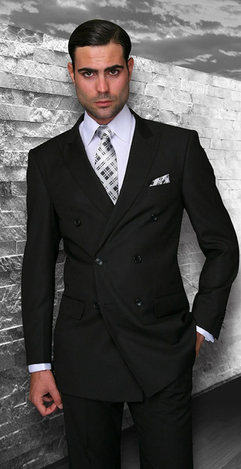  Statement Black Double Breasted Wool Suit for Men TZD-100 