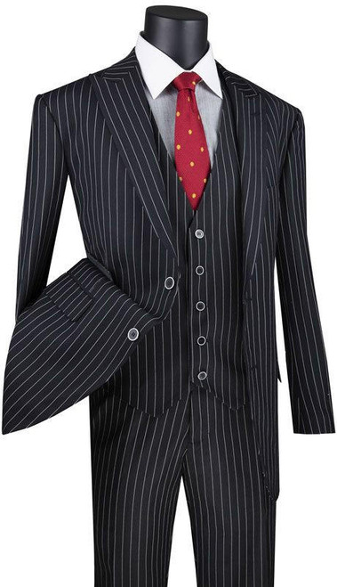  Vinci Mens Black Pinstripe 3 Piece Suit with Vest V2RS-9 