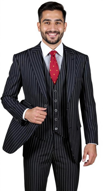 Vinci Mens Black Pinstripe 3 Piece Suit with Vest V2RS-9 