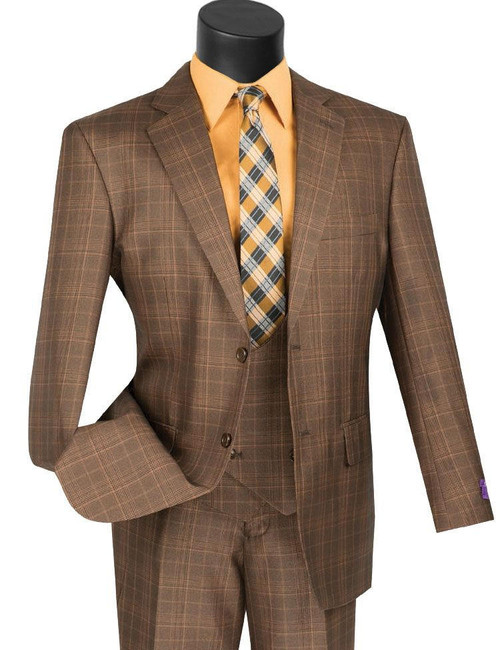  Mens 1930s Chestnut Brown Plaid 3 Piece Suit 1920s Fancy Vest Vinci V2RW-7 