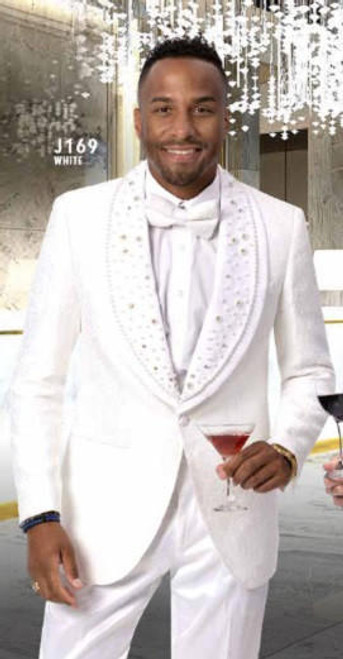  Tuxedo Blazer Men's White Fancy Pattern Embellished Shawl Collar EJ Samuel J169 
