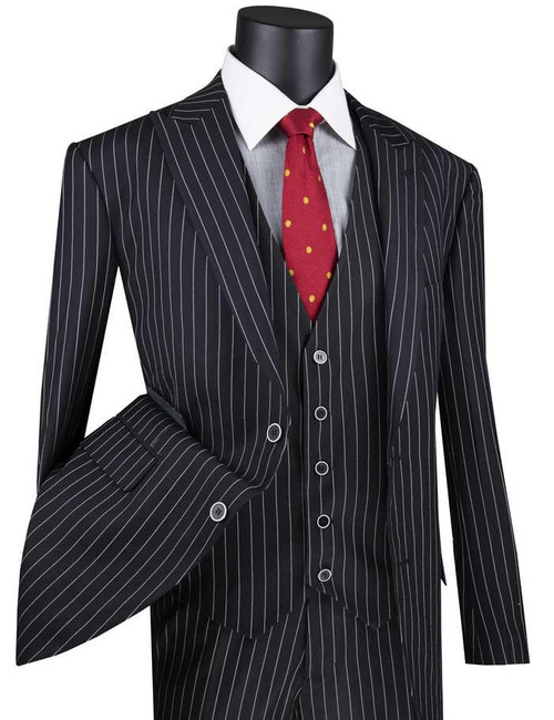 Vinci 1920s Mens 3 Piece Suit Black Stripe 3 Button Vinci V2RS-9 Size 50R Final Sale 