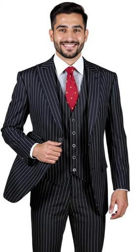  1920s Mens 3 Piece Suit Black/White Stripe 3 Button Vinci F-V2RS9 Size 44R Final Sale 