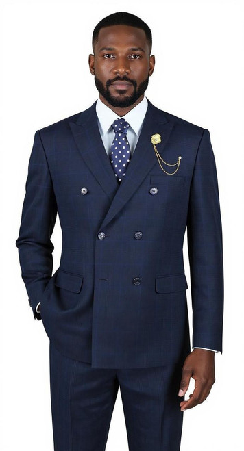  Vinci Mens Double Breasted Suit Navy Blue Plaid Wide Lapel DRW-2 