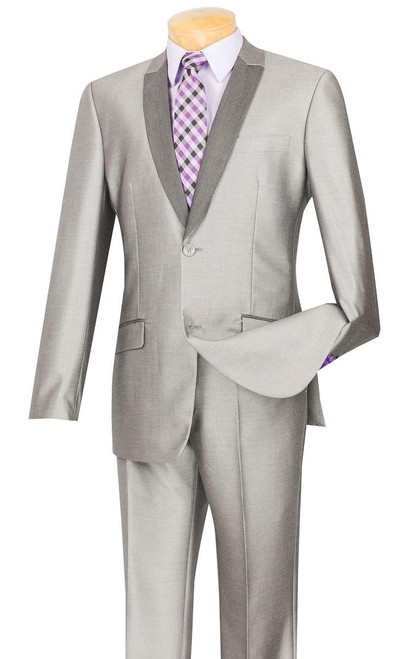  Vinci Men's Slim Fit Gray Shiny Sharkskin Tight Fitted Tux Style Suit S2PS-1 