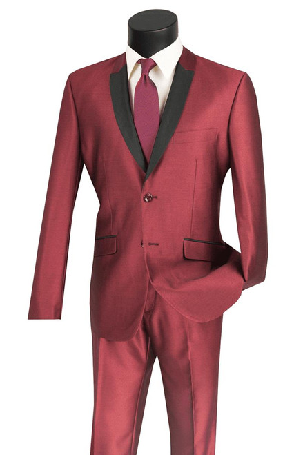  Vinci Men's Slim Fit Shiny Maroon Sharkskin Prom Party Suit S2PS-1 