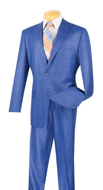  Glen Plaid Suit for Men Blue Regular Fit Flat Front Pants Wedding Church Office Vinci 2RW-1 