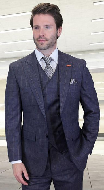  Statement Indigo 3 Piece Checkered Plaid Modern Fit Suit Monte 