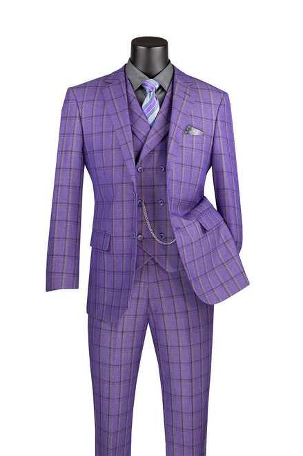  Vinci Men's Purple Plaid 3 Piece Suit Fancy Vest Modern Fit MV2W-4 