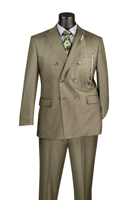  Mens Double Breasted Sharkskin Suit Olive Green DRK-5 