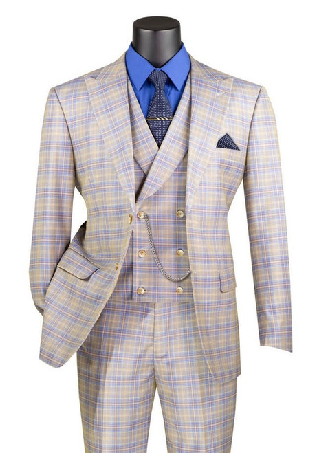  Vinci Men's Blue Plaid 3 Piece Suit Fancy Vest Modern Fit MV2W-3 