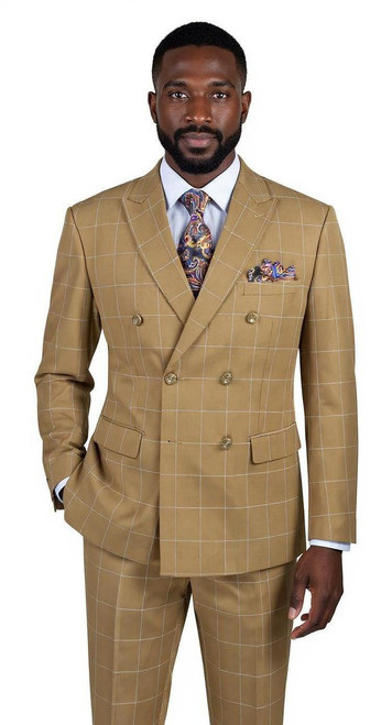 Vinci Double Breasted Checkered Suit for Men Camel Windowpane Modern Fit Vinci MDW-1 