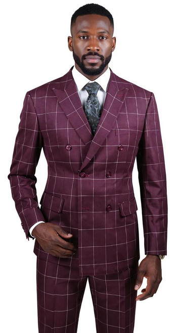 Vinci Double Breasted Windowpane Suit Wine Modern Fit Wide Lapel Vinci MDW-1 