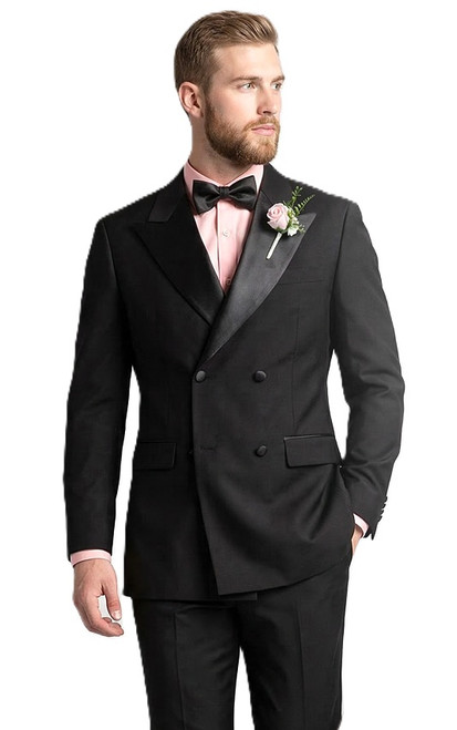 Mens Black Double Breasted Tuxedo 4 Button Regular Fit Wedding Suit TDB-900