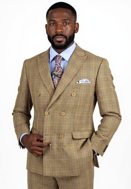 Vinci Mens Double Breasted Mocha Plaid Suit 2 Piece for Men Vinci DRW-2 