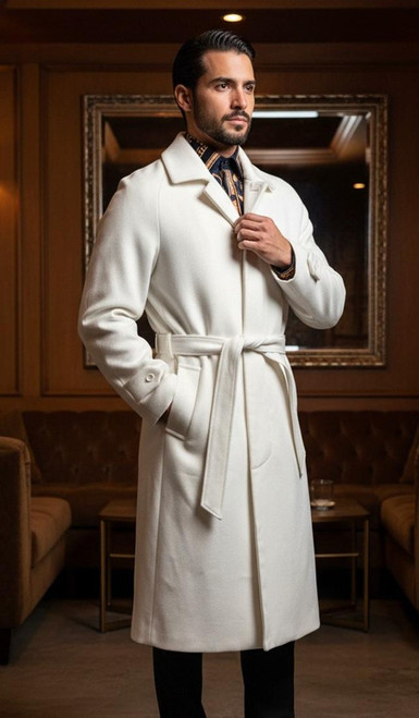  Mens Wool Belted Overcoat Cream Full Length Belt-Coat Alberto 