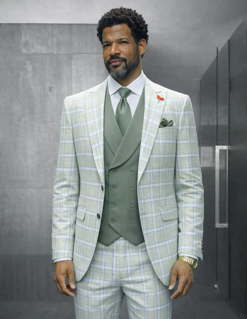 Statement Men's Wool Windowpane Suit Peak Lapel Tailored Fit Mint Diego