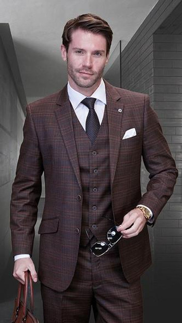  Statement Men's Wool Plaid Plaid 3 Piece Suit Copper Tailored Fit Santori 