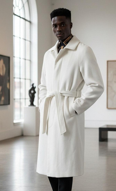  Topcoat - Falcone Mens Winter White Belted Top Coat Wool Full Length Aero 4150-007 