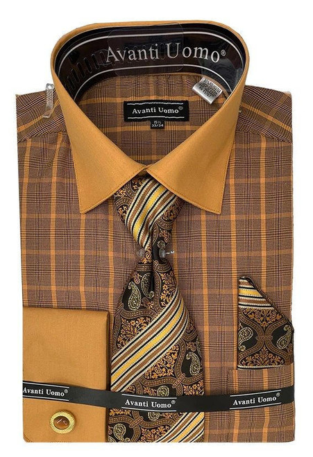  Mens Rust Tone Windowpane Dress Shirt Set with Cuff Avanti DN107M 