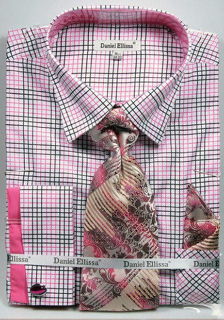 DE Mens Dress Shirts French Cuff Fuchsia Plaid Tie Set DS3781P2 Size 17.5 Final Sale