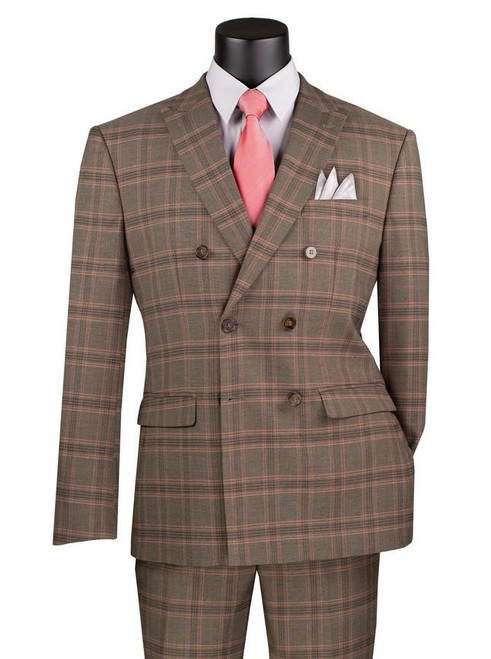  Vinci Mens Brown Pink Plaid Double Breasted Modern Fit Suit MDW-2 