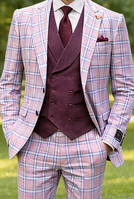  Statement Men's Wool Windowpane Suit Peak Lapel Tailored Fit Mauve Diego 