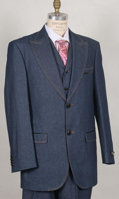  Canto Mens Blue Wide Lapel 3 Piece Jean Fashion Suit 8376 