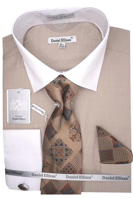  Daniel Ellissa Mens Beige Woven Pattern French Cuff Dress Shirt Tie Hankie DS3831P2 