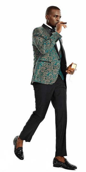  Men's Green Paisley Skinny Fit Prom Suit 3 Piece Fitted Bow M367SK-01 