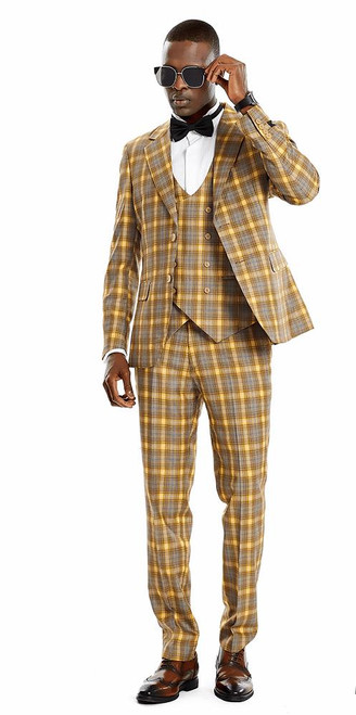  Men's Mustard Plaid Skinny Fit Suit 3 Piece Vest Fitted Tazio M373SK-01 