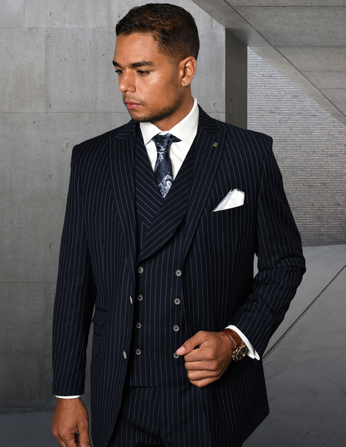Statement Wool Suit Men's 3 Pc. Navy Blue Pinstripe Vest Suit Zarelli