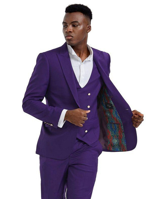  Men's Suits with Gold Buttons Purple 3 Piece Big Peak Lapel M356SK-01 
