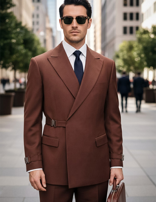 Statement Double Breasted Belted Style Copper Wool Modern Fit Suit Bolanzo