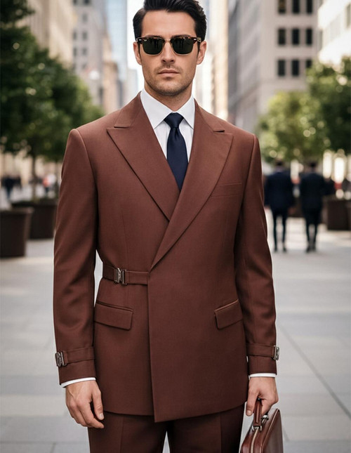  Statement Double Breasted Belted Style Copper Wool Modern Fit Suit Bolanzo 