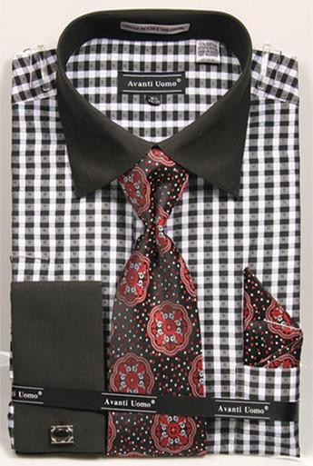  Avanti Mens Black Gingham Pattern French Cuff Shirt Tie Combo DN70M Size 17.5 Final Sale 