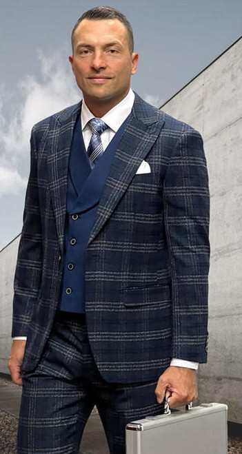  Statement Men's 3 Piece Wool Indigo Blue Plaid DB Vest Suit Amalfi 