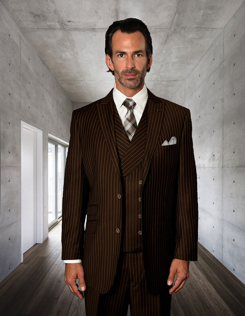 Statement Men's Brown Wool 3 Pc. Pinstripe Vest Suit Zarelli