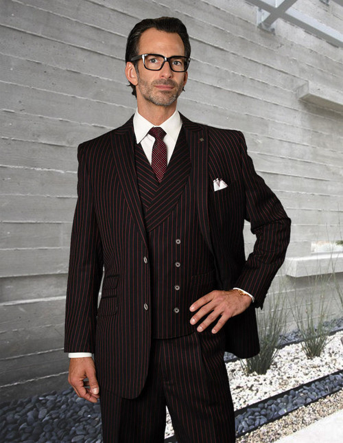 Statement Men's 3 Pc. Black Red Pinstripe Wool Suit Zarelli