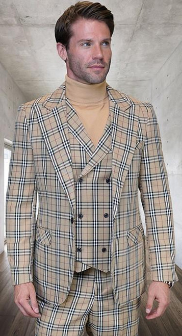  Statement Men's Tan Plaid DB Vest Wool Modern Fit Suit 3 Piece Massari 