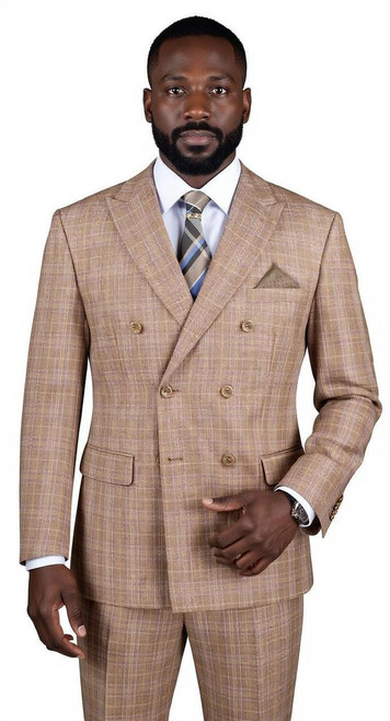 Vinci Mens Double Breasted Glen Plaid Suit Men Tan Vents Vinci DRW-1 