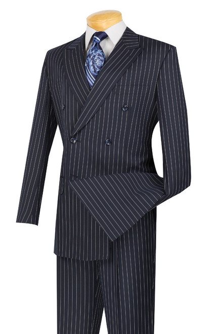  Vinci Men's Navy Blue 1930s Banker Stripe Double Breasted Suits DSS-4 