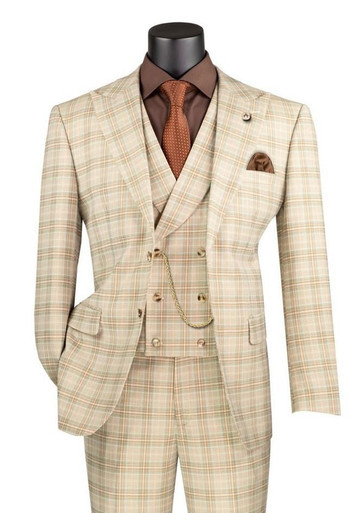 Vinci Men's Khaki Plaid 3 Piece Suit Fancy Vest Modern Fit MV2W-3 Size 40R Final Sale
