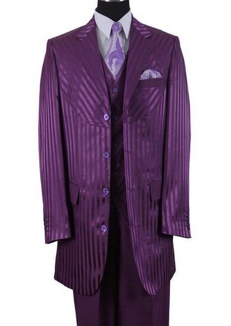  Mens Purple Shiny Stripe Suit Long Jacket 3 Piece Milano 2915V 