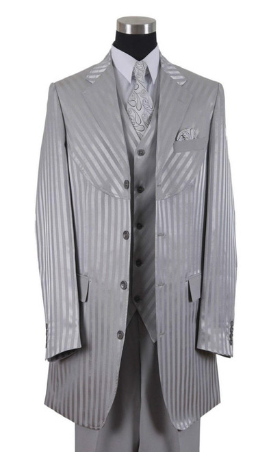  Mens Gray Shiny Stripe Suit Long Jacket 3 Piece Milano 2915V 