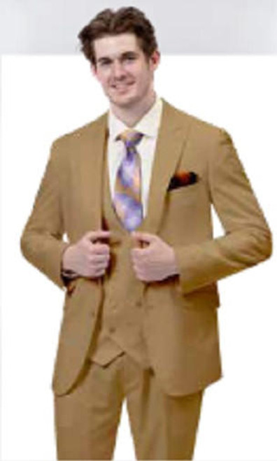  EJ Men's 1920s Fashion Suit Tan Peak Lapel Low Cut Vest M2770 