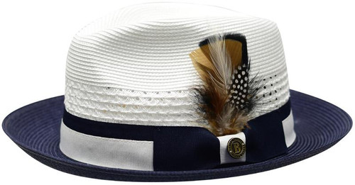  Bruno Capelo Men's Summer Straw Hat White Navy Blue RO687 
