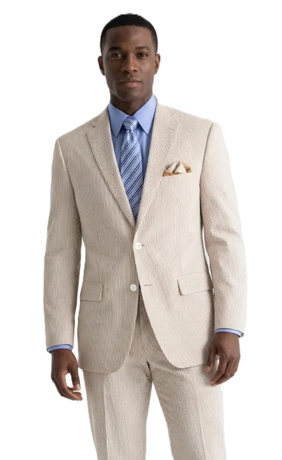 Men's Beige Stripe Seersucker Suit Modern Fit Gatsby Vinci F-MSS1